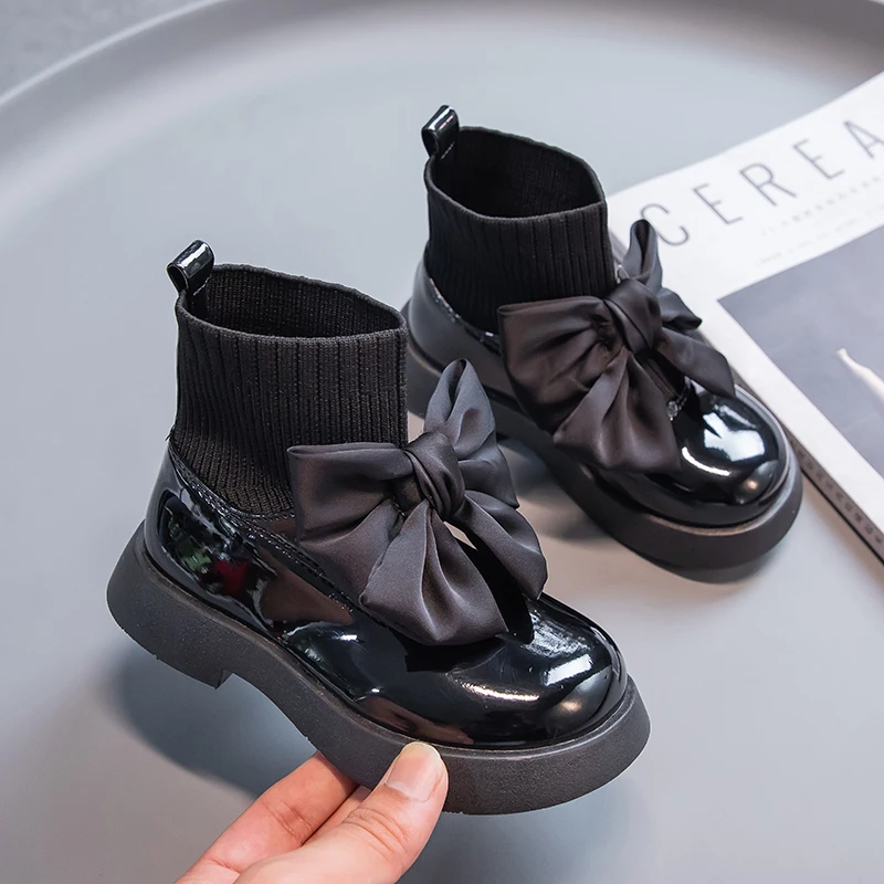 Girls Sock Boots Kids Ankle Boots Non-slip Fashion Bow Elegant Glossy UK Uniform Child School Shoes Casual Socks Boots Princess