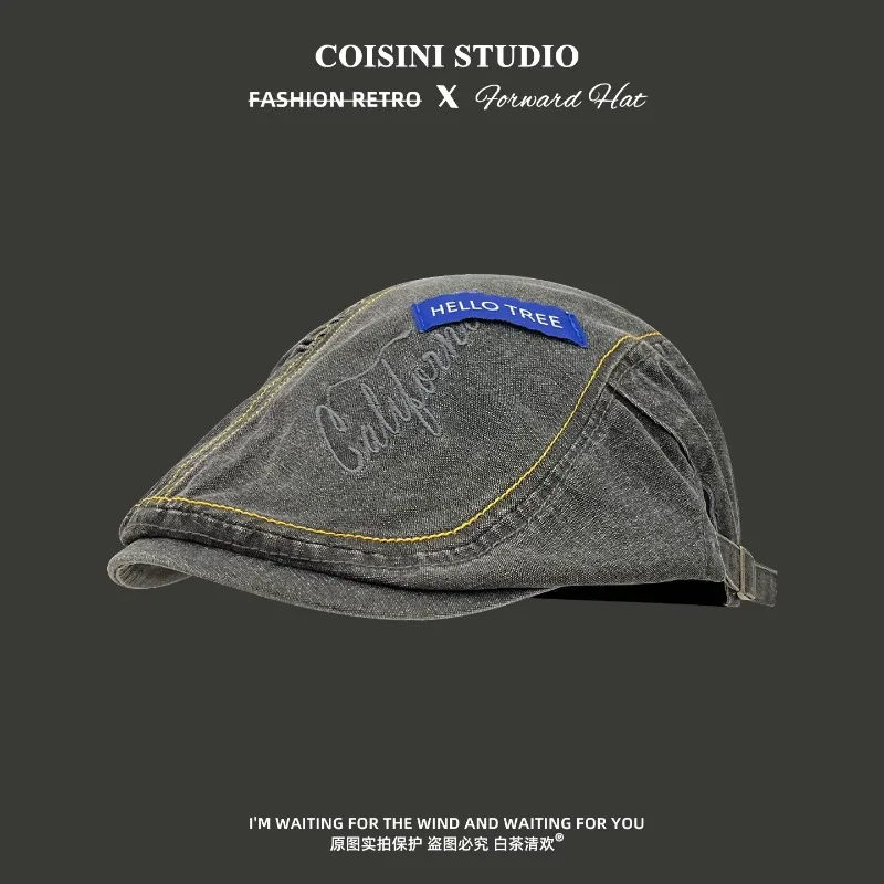

Harajuku Style Retro Wash Denim Forward Hats for Men and Women Summer Street Trend Sunscreen Versatile Literary Painter Berets