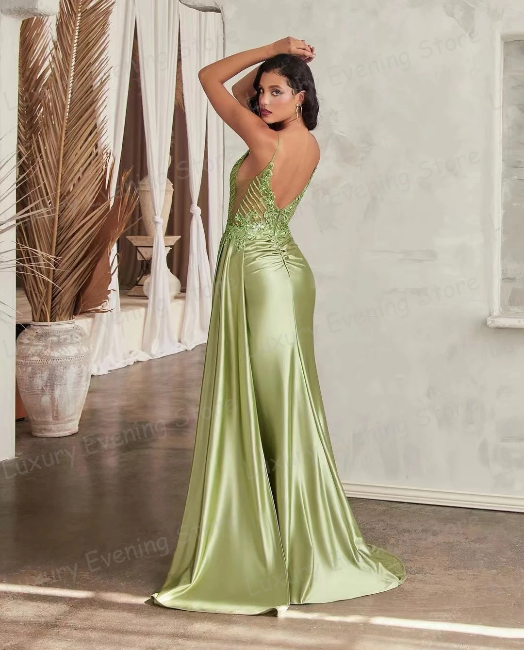 Luxury Evening Dresses V Neck Appliques Women\'s Mermaid Prom Gowns Sleeveless Backless Split Satin Fashion Vestidos Customized