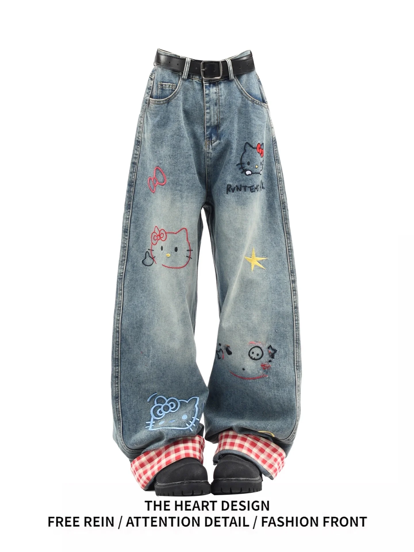 Waed Denim Jeans Leggings rectos sueltos para mujer temporada de otoño cintura alta hine bordado Kit de dibujos animados pantalones ropa Casual