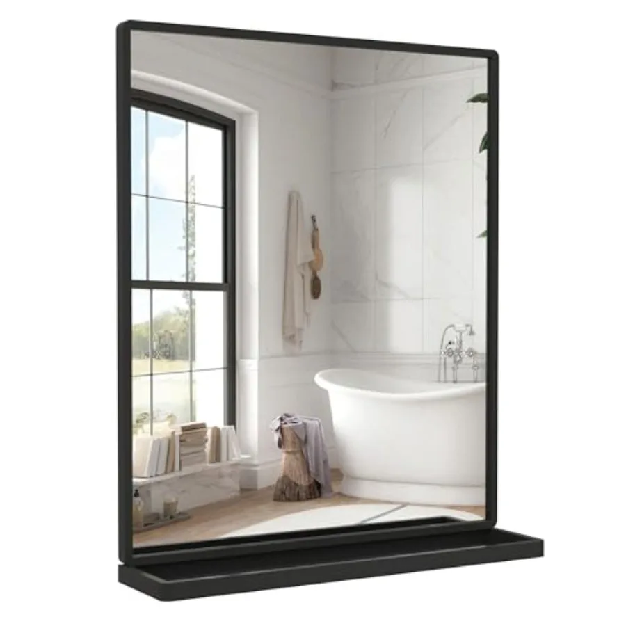Bathroom Mirror with Shelf Rectangle Wall Mirror Metal Frame Hanging Horizontal or Vertical 24'' X 20