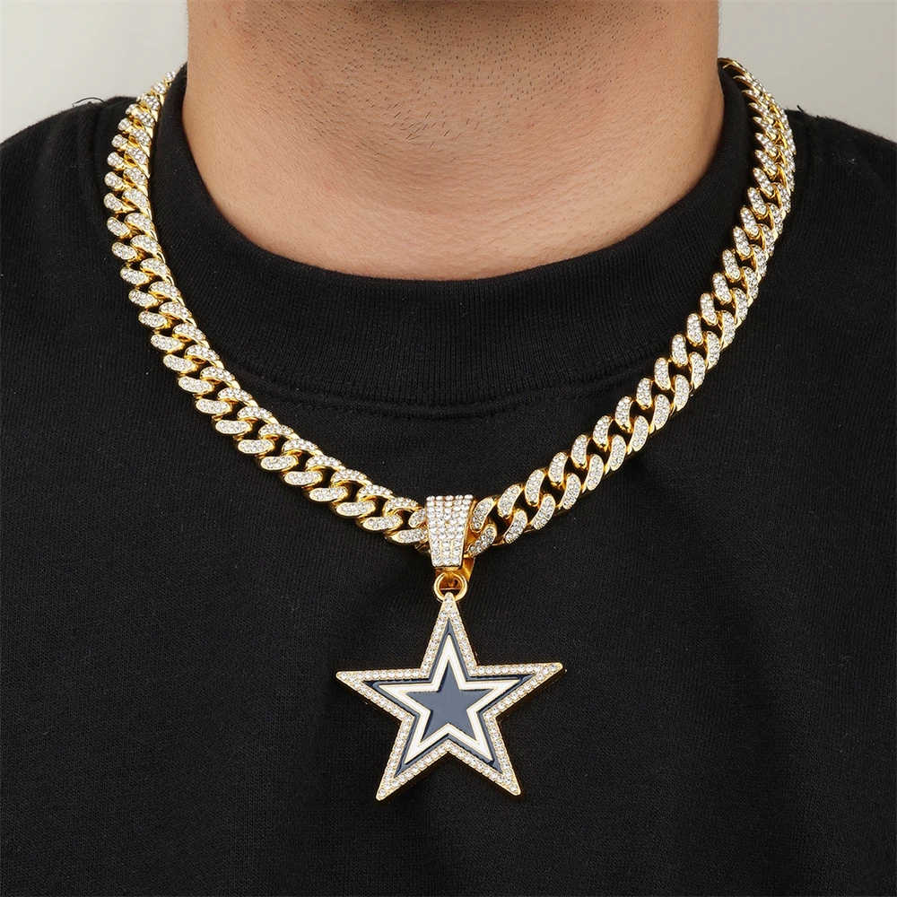 HIP HOP Iced Out Five-pointed Star Oil Drop With 13mm Cuban Link Chain Necklaces For Men's Women Rapper Jewelry