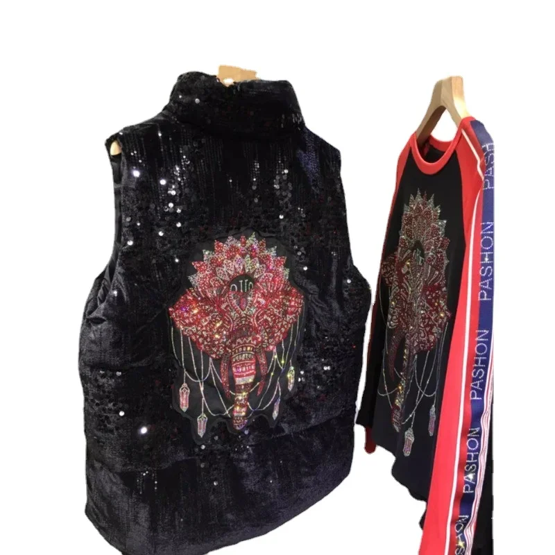 Thick Quilted Vest Women 2023 Autumn Winter Heavy Embroidery Hot Drilling Sequined Warm Mid-Length Cotton-Padded Jacket Female