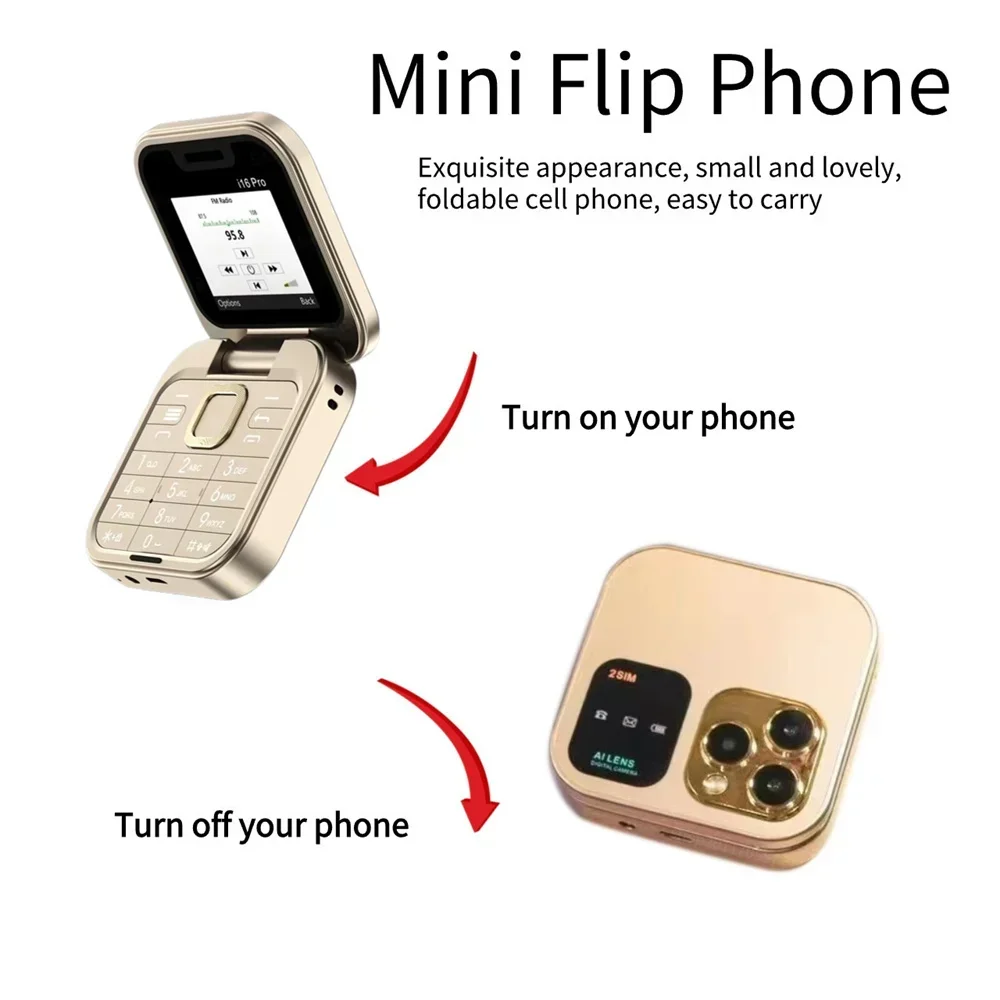 Mini Téléphone Portable Pliable i16Pro Débloqué avec Radio FM, Appel existent, Enregistrement Rapide, 2 Cartes, 101