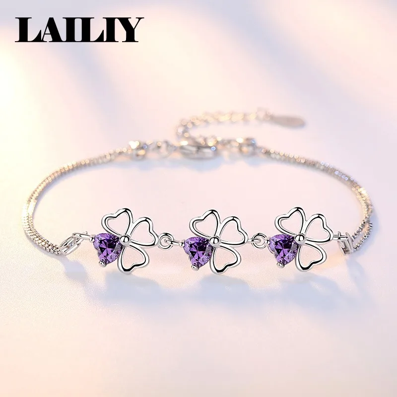 LAILIY 925 Sterling Silver Purple Heart Flower Box Chain Bracelet For Women Girls Fashion Jewelry Engagement Party Birthday Gift