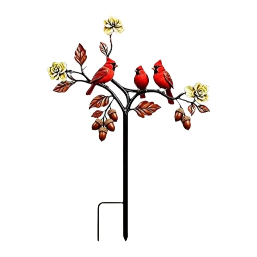 Unique 2D Flat Red Bird Garden Stake Iron Handmade Metal Garden Stake Animals Pattern Funny Garden Ornament Photo Props