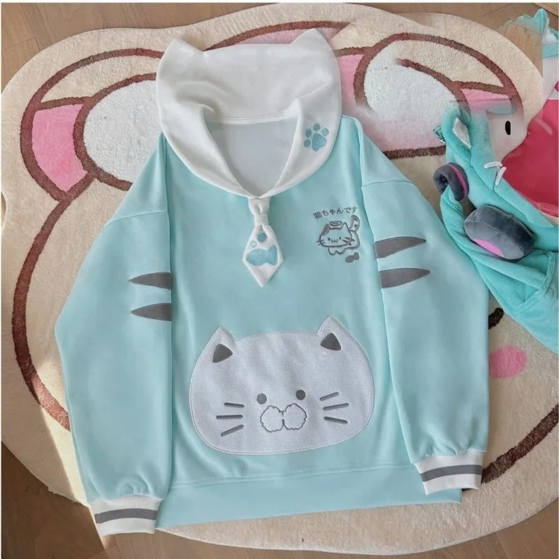 Women Japanese Kawaii Naval Collar Embroidered Hoodie Sweet Cat Print Fashion Sweatshirt Winter Casual Loose  Long Sleeve Coat