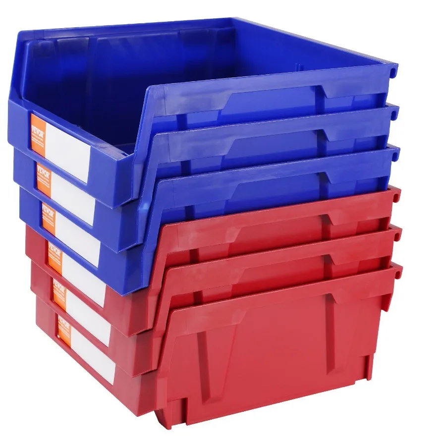 VEVOR contenedor de almacenamiento de plástico de 11 pulgadas x 11 pulgadas x 5 pulgadas, contenedor organizador de almacenamiento apilable colgante, azul, rojo, paquete de 6 Co de apilamiento resistente