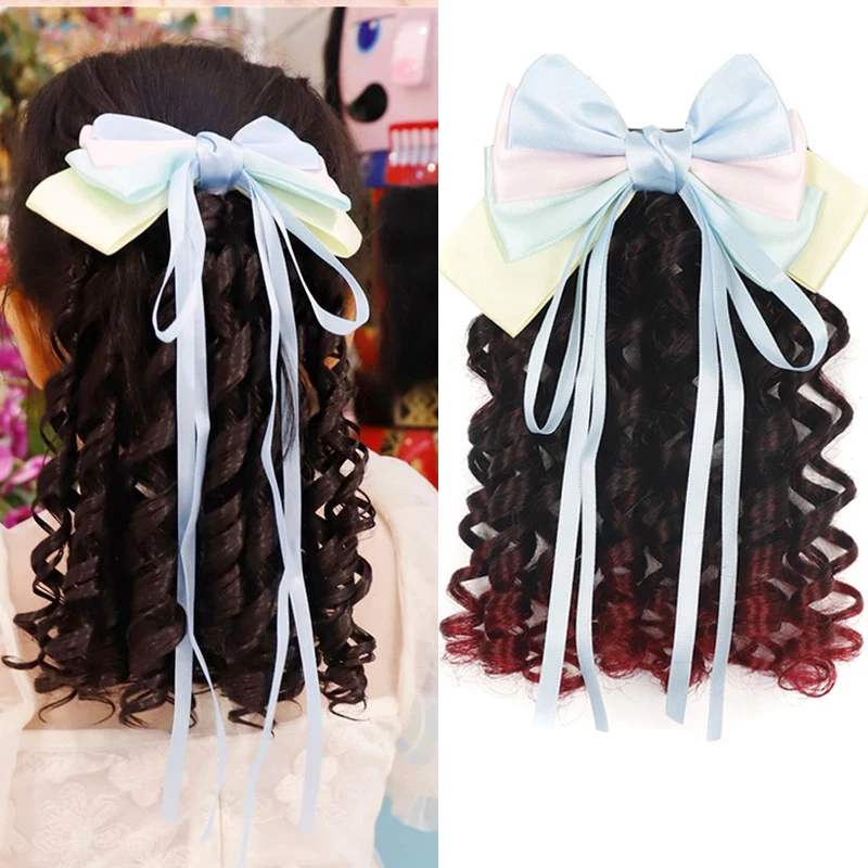 

Kids Cute Bowtie Wig Ponytail Female Clamping Style Big Wave Low Ponytail Long Hair Artificial Hair Braided Curly Ponytail