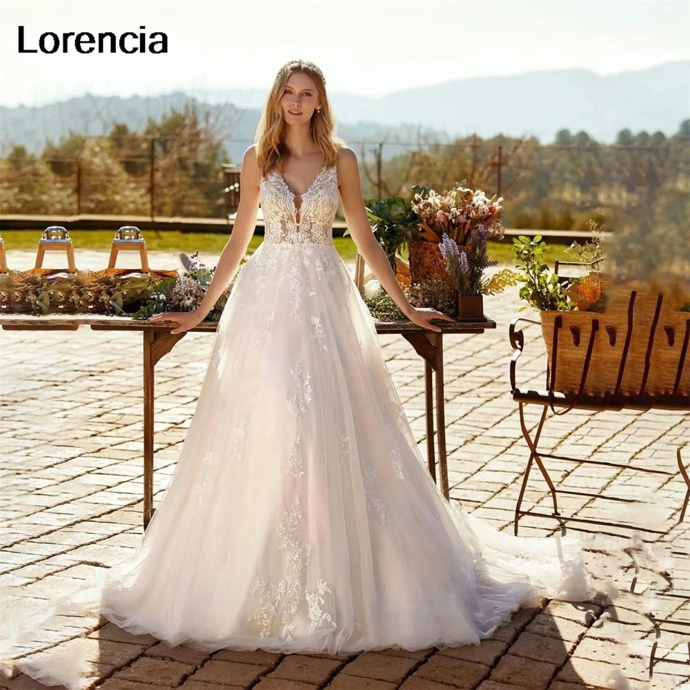 Lorencia-Vestido de casamento moderno linha A, vestido de noiva, decote v, sem mangas, apliques de renda, vestido noiva, YAW128, 2024