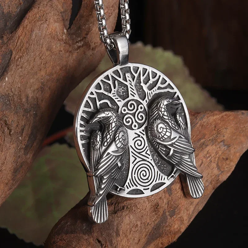 Retro Norse Mythology Double Raven Tree of Life Pendant Necklace for Men Personality Charm Hip Hop Cool Casual Jewelry Gift