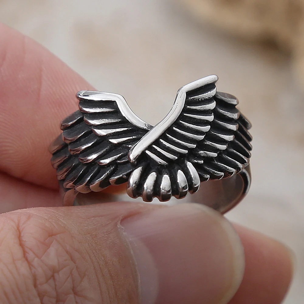 Gothic Erzengel Michael Ringe Für Männer Frauen 316L Edelstahl Engel Flügel Ring Punk Hip Hop Religiöse Schmuck Dropshipping