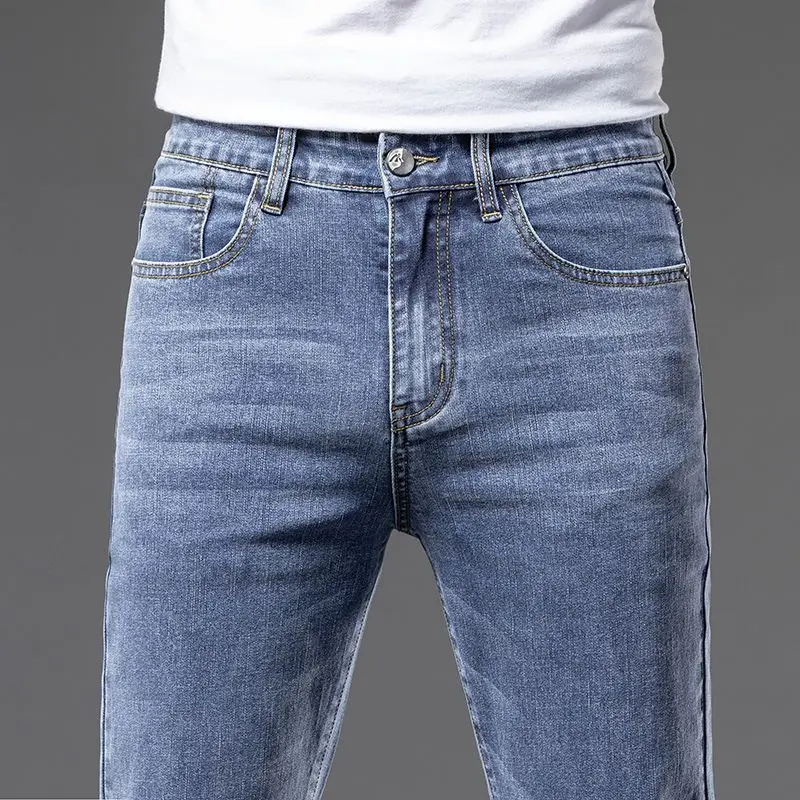 2026 Men's Regular Fit Jeans Soft Elastic Cotton Lyocell Washed Denim Pants Fashion Blue Gray Business Straight Trousers