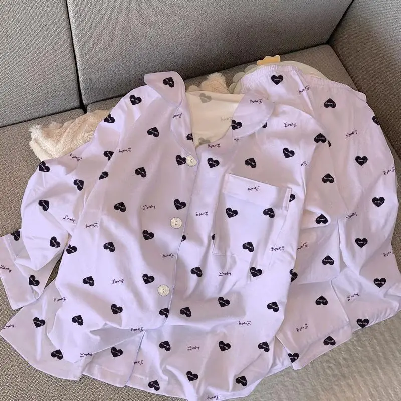 

The Four Seasons Pajamas Ladies Heart Letter Pattern 2 Piece Set Student Loungewear Women Korean Fashion Casual Cute Sleepwear