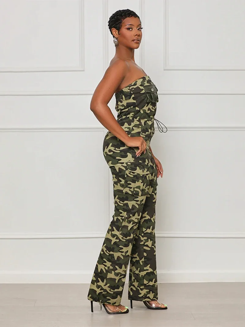 Camouflage Strapless Jumpsuits Summer Clothes Women 2024 Multi Pockets Cargo Pants Rompers Playsuits One Pieces Overalls Outfits