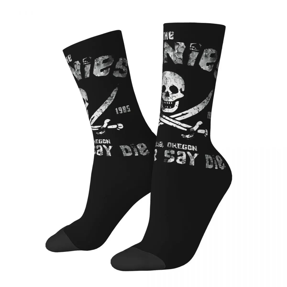 Chaussettes de compression en elin drôles pour hommes, chaussettes vintage Hip Hop, motif imprimé sans couture, Goonies Never Say Die Happy, Crew Boys