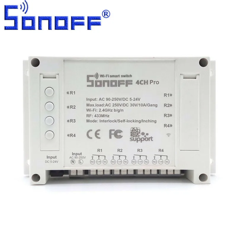 Sonoff 4ch Pro R3 Wifi Wireless Smart Switch 433mhz 4 Way Din Rail Mounting Timer Voice Control  SONOFF