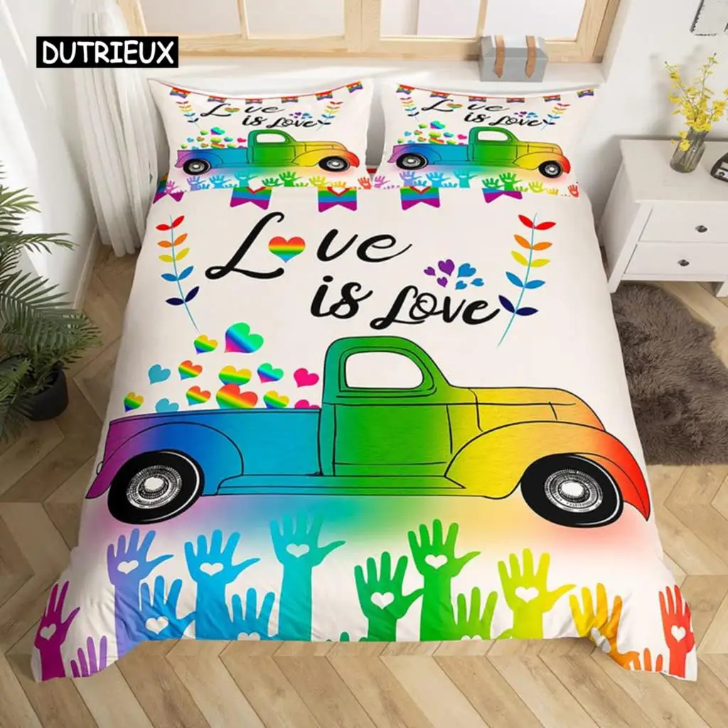 Love is Love Duvet Cover Rainbow Bedding Set Pride for Love Theme Romantic Comforter Cover Colorful Cartoon Car Bedspread Cover