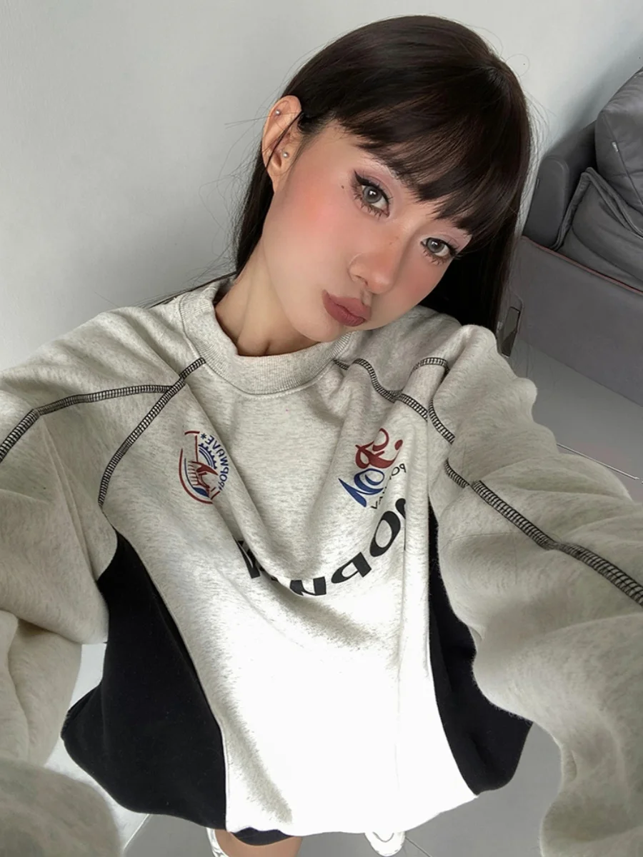 Grey Womens Clothing Vintage Street Sweatshirt Hooded Y2K Letter Pullover Long Sleeves Plush Warm Oversize Baggy Ladies Tops