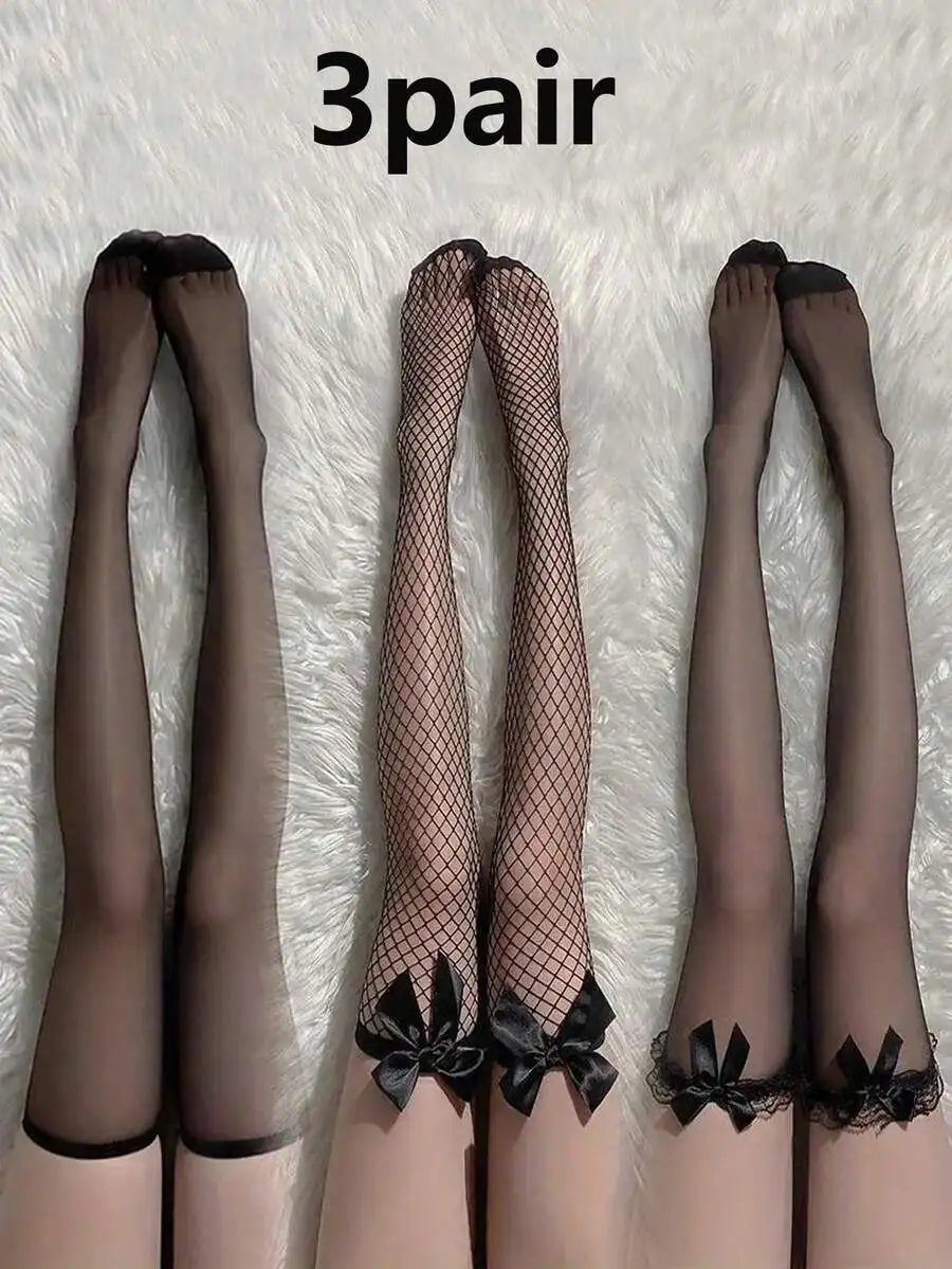 

3 Pair Sheer Thigh High Stockings with Bow Detail, Fishnet & Solid Styles