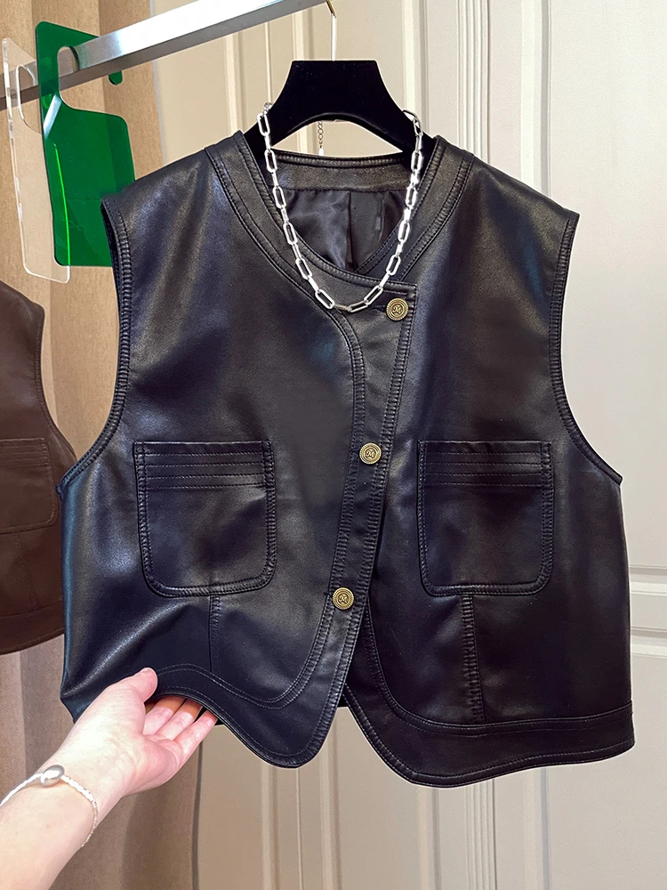 Cé Brown PU Leather Vest Women's 2024 Autumn Retro Irregular Layering Leather Jaet oulder Top Commute Sle round Ne