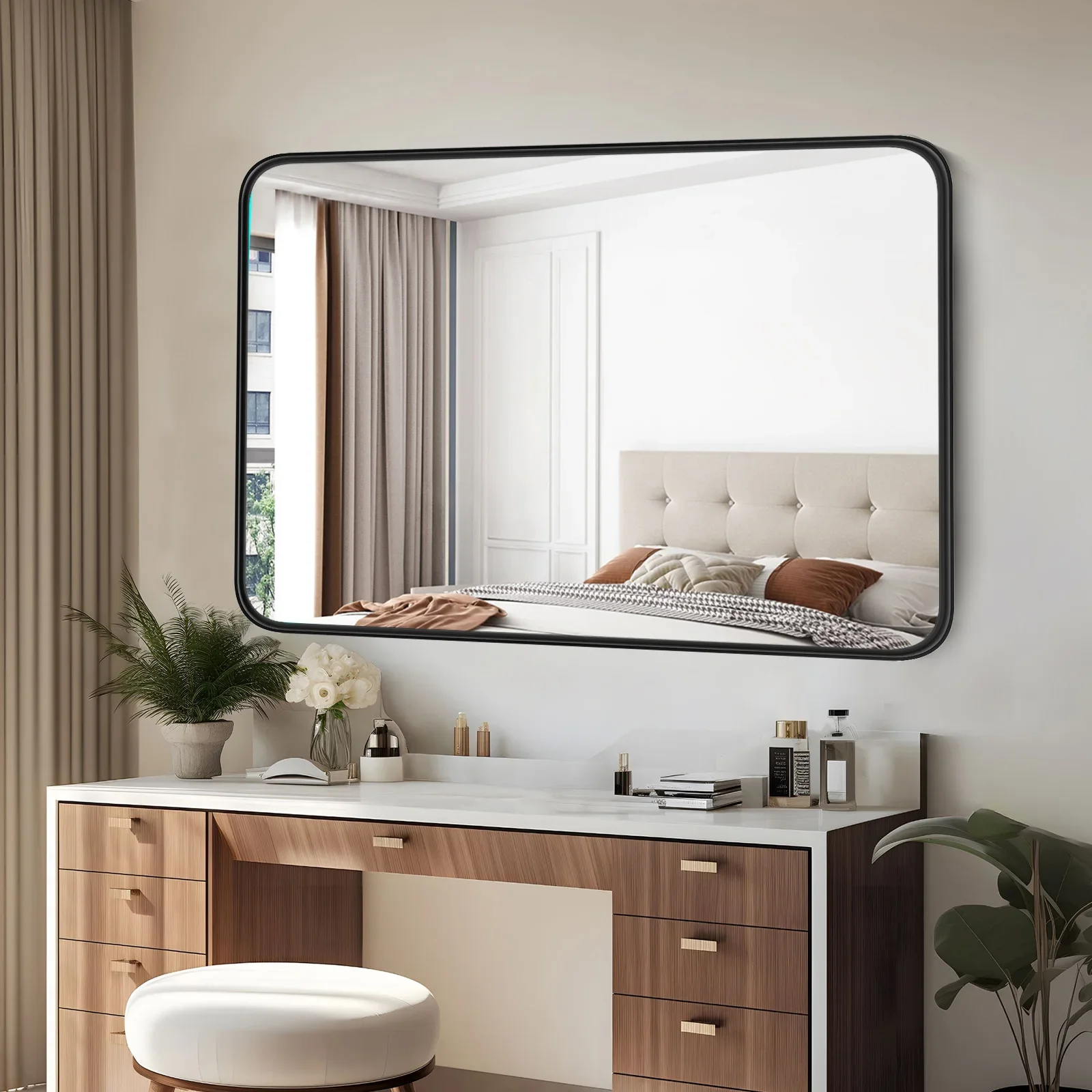 Pop Large Rectangle Vanity Framed Mirror For Wall Matte Metal Framed 30x40 Inch Modern Mirror Tempered Glass For Living Room