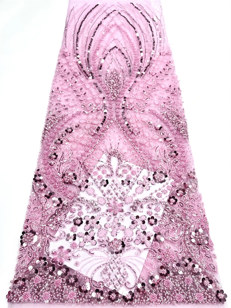 

African Beaded Lace Fabric 2025 High Quality French Nigerian Groom Sequins Embroidery Tulle Lace Fabric Party Evening Dresses