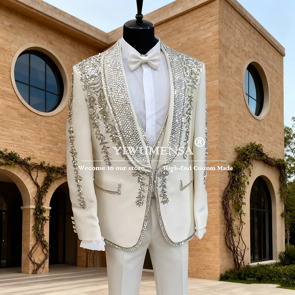 

Luxury Beaded Stones Suits Men For Wedding 3 Pieces Sets Sparkly Sequins Shawl Lapel Prom Blazers Customized Male Fashion Tuxedo