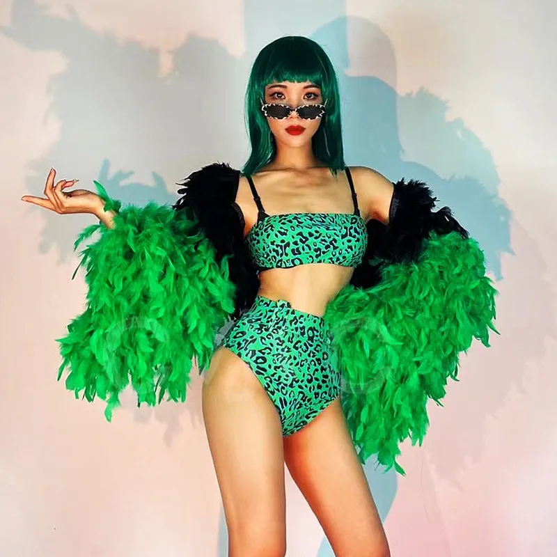 Green Leopard Bikini Feather Shawl Sleeve Outfits Sexy DJ Singer Dancer Team Stage Wear Bar Nightclub Jazz Performance Clothes