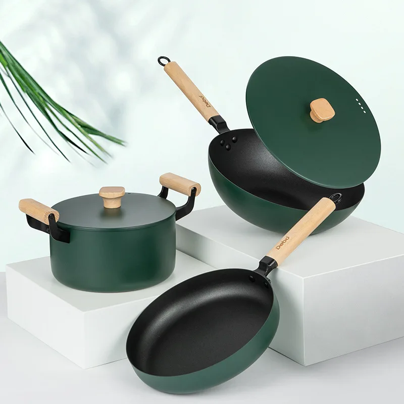 Modern Simplicity Household Non Stick Pot Kitchen Frying Pan And Wok Soup Pot Combination Kitchen Supplies Cookware Set