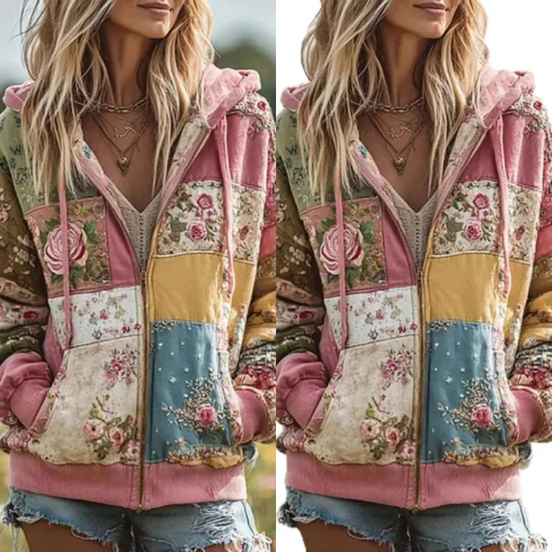 Print Flower Hoodie Top Women Autumn Spring French Y2K Hoodie Casual Floral Hoodie Loose Thin Polo Neck Coat Oversized Top New