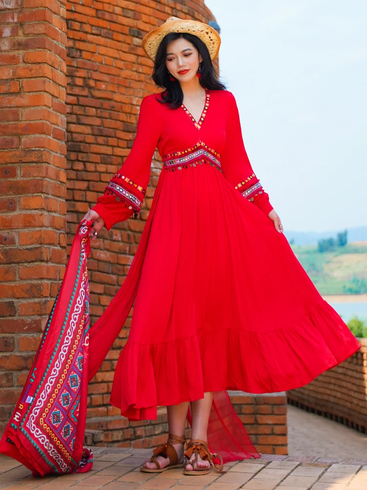 Ele Long Red Dr Skirt for Women Desert Ethnic Sle Photoaphy Tourist Wear V-Ne High Waist Polyester Fiber