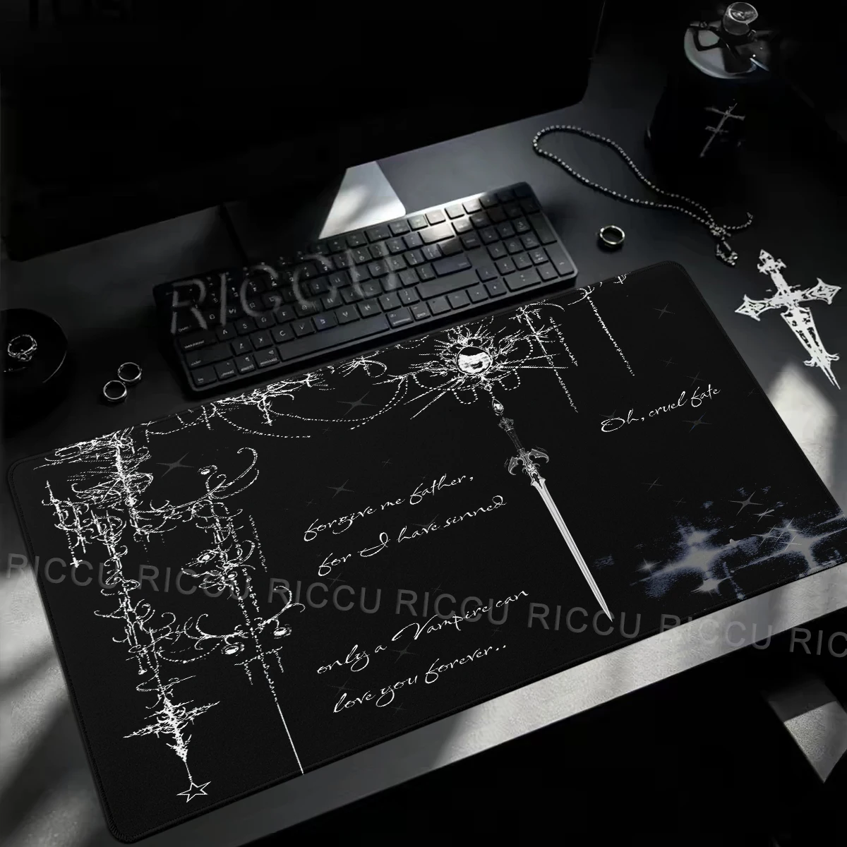 Black White Office Desk Mat Dark Cybersigilism Gothic Cross Sword Large Mouse Pad Retro Subcultural Mousepad Gaming Accessories