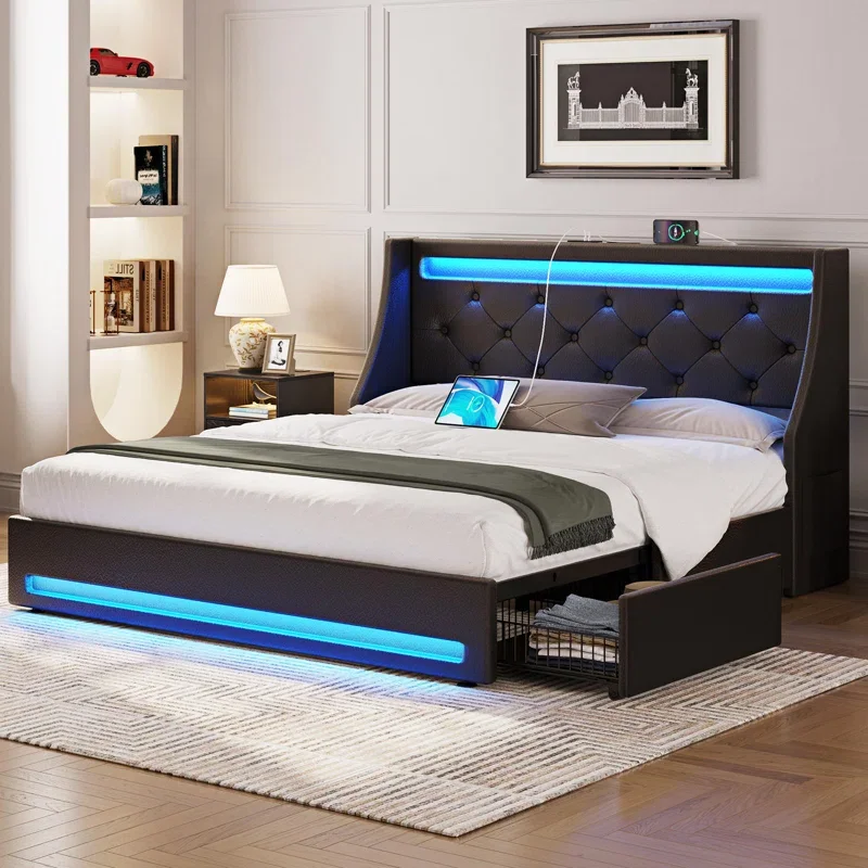 ^Modern Upholstered Soft Bed with Tufted Design Plastic Frame Box Spring Storage Charging Station LED Lights 140x200cm
