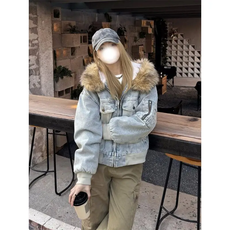 2026 Autumn and Winter New Velvet Removable Fur Collar Temperament Loose Versatile Cotton-padded Jacket Cotton-padded Jacket Top
