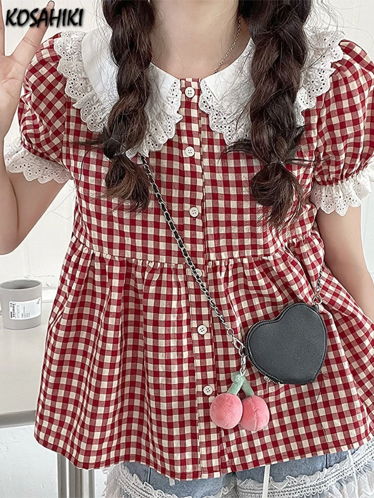 KOSAHIKI Red Plaid Blouse Women Kawaii Peter Pan Collar Lace Ruffle Shirt Japanese Girl Cute Puff Sleeve Vintage Tops Blusas