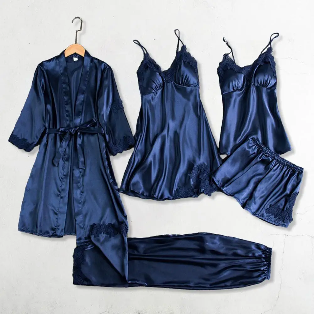 Silk Pajama Set Elegant Silky Satin Lace Patchwork Women\'s Pajamas Set with Loose Lace-up Waist Top Shorts Pants Set Nightgown