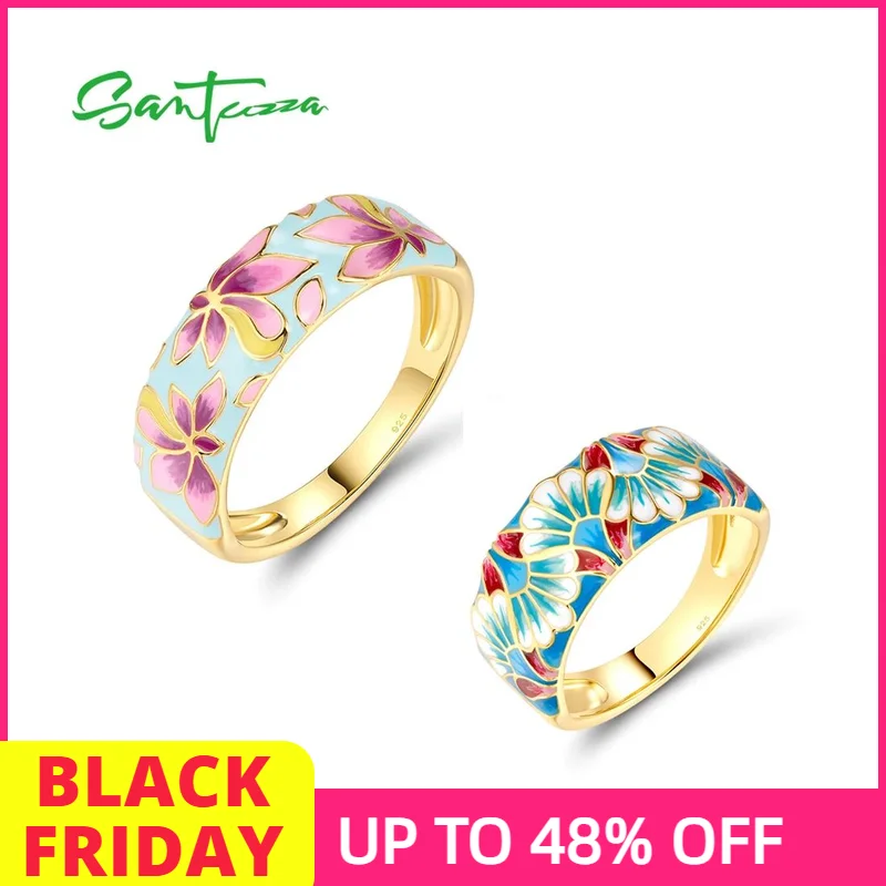 

SANTUZZA Real 925 Sterling Silver Rings For Women Elegant Flower Multi-Color Enamel Stylish Party Gifts Fine Jewelry Handmade