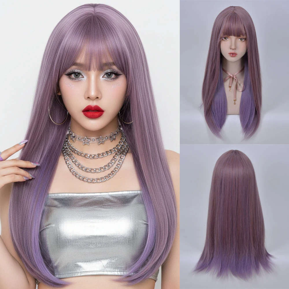 باروكة لوليتا أرجوانية طويلة مستقيمة مقاومة للحرارة مع فرقعة صناعية للنساء للاستخدام اليومي للحفلات التنكرية