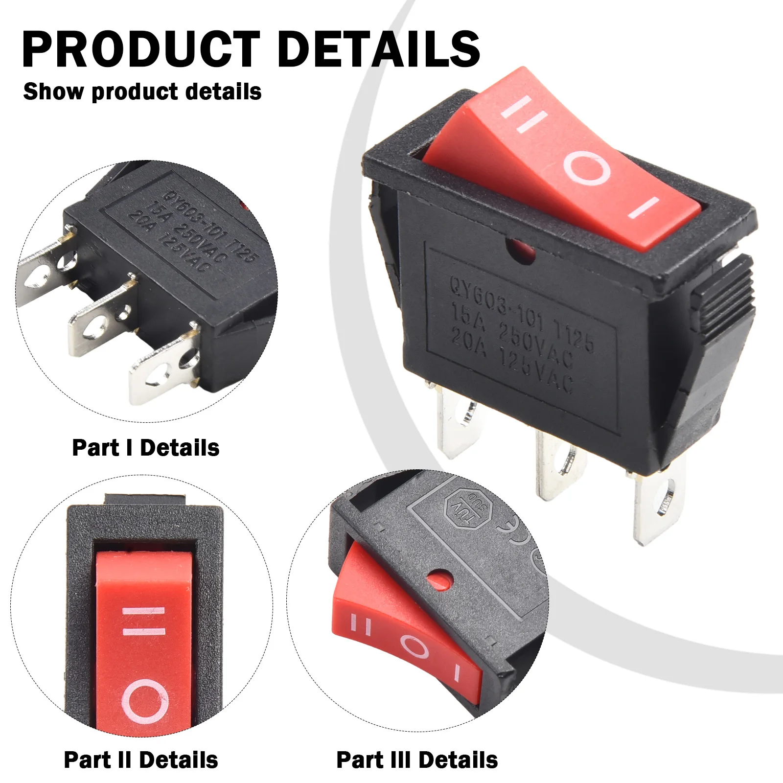 Rocker Switch 15A 250V 20A 125V RED Position ON-OFF-ON 3 Pin 30 X 11mm Service Life 10.000 Uses Replacement Accessories