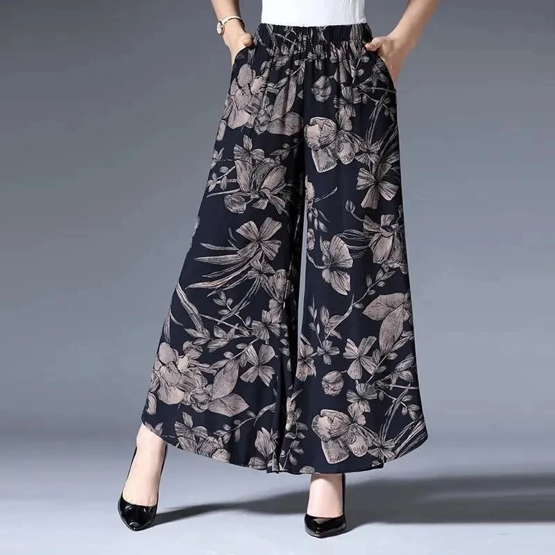Floral Printed Wide Leg Pants Women Elastic Summer Pants Autumn High Waist Loose Chiffon Elastic Trousers Female W881