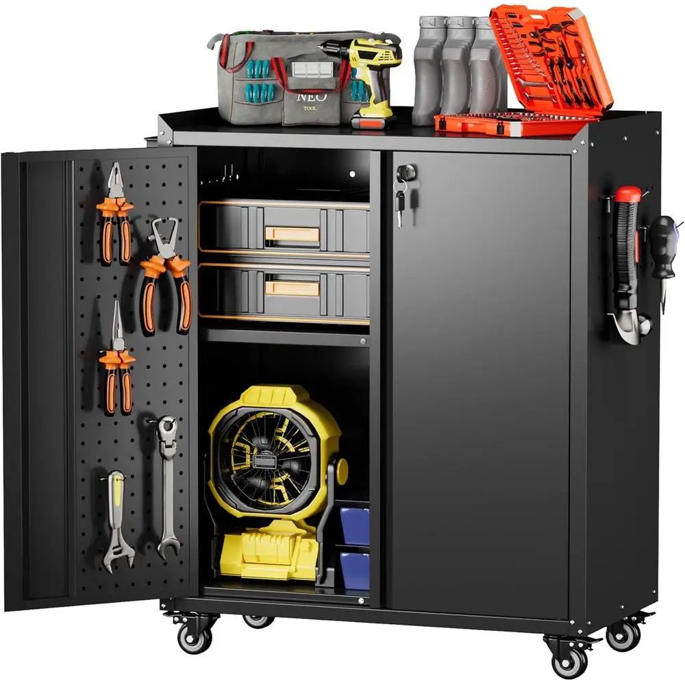 

31.5 Tall Lockable Metal Storage Cabinet with Wheels, Shelves, Pegboard, and Hooks for Garage and Workshops - Black