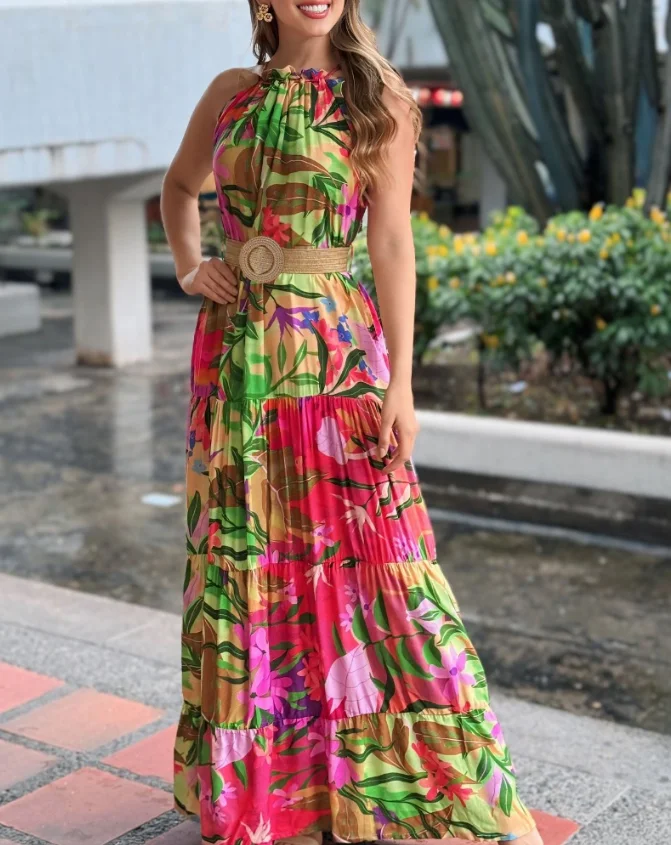 Women's Dresses Elegant Tropical Print Halter Ruched Sleeveless Maxi Dress Women High Waist Casual A Line Flowy Smock Dress
