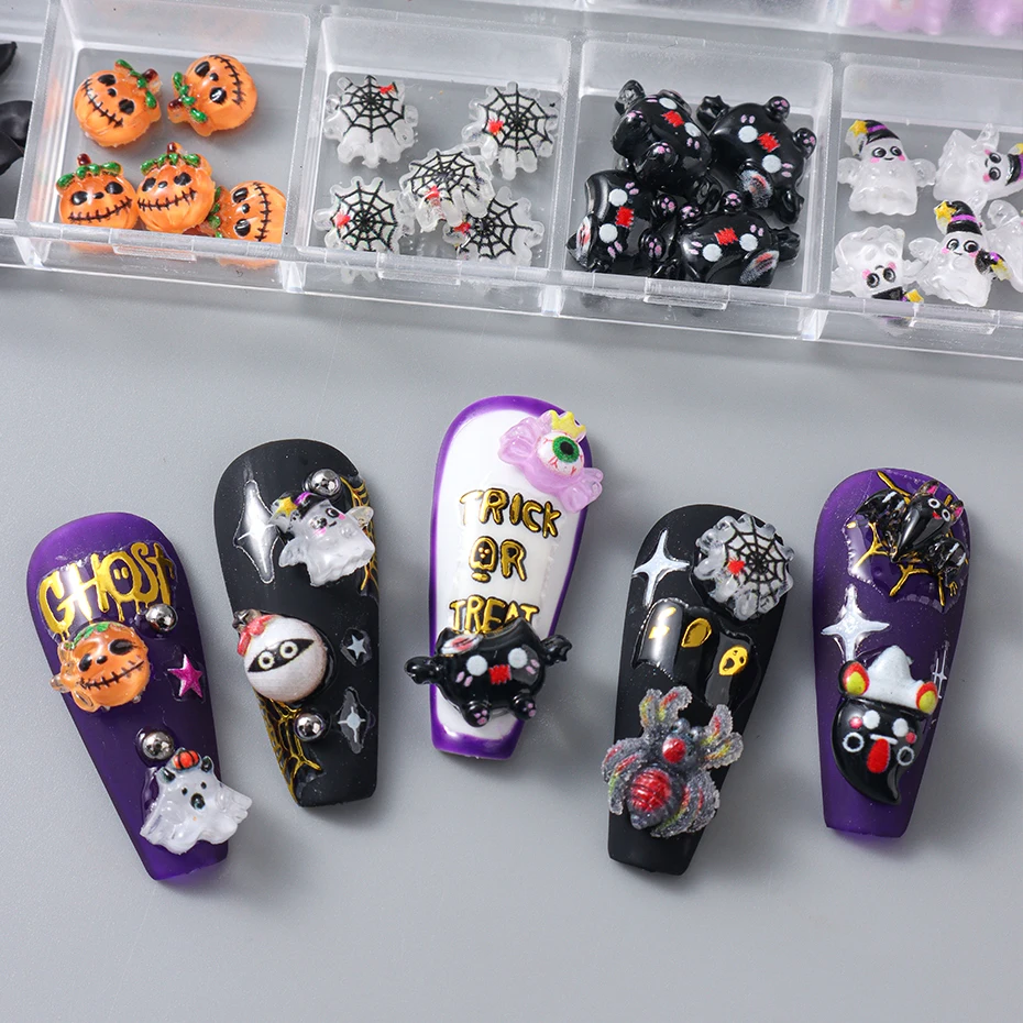 12 grades bonito assustador fantasma abóbora decorações da arte do prego aranha morcego halloween design gótico arte do prego jóias acessórios de manicure
