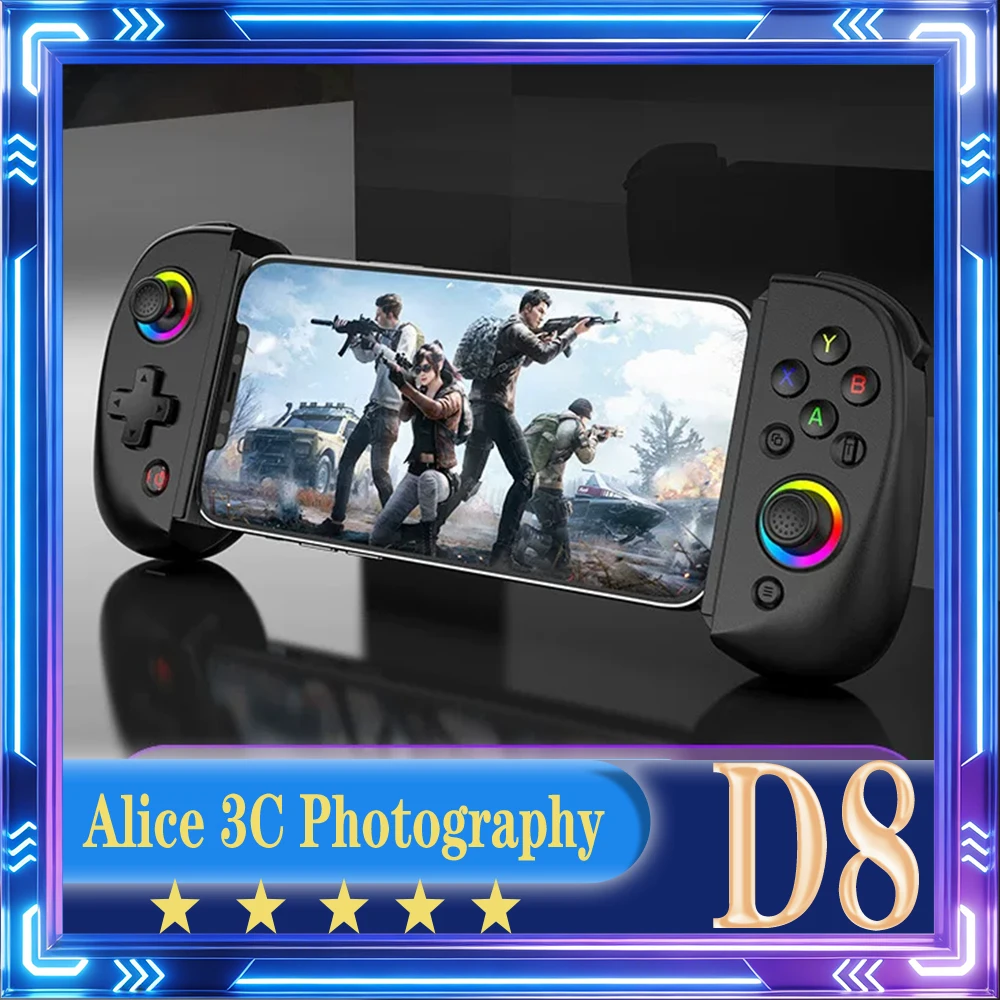 

НОВЫЙ Игровой контроллер D8 RGB с двойным джойстиком Hall, эргономичный дизайн, беспроводной Bluetooth, для Switch, Android, iOS, ПК