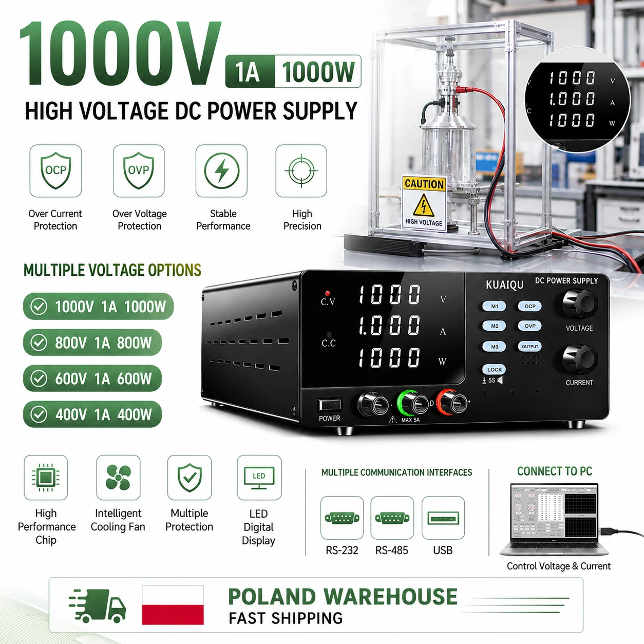 Alimentatore da Laboratorio DC KUAIQU 1000V 1A 1000W, Regolatore di Tensione Regolabile 800V/600V/400V, OCP/OVP/Memoria/Avvisatore Acustico/Blocco/Uscita, Alimentatore Switching da Banco