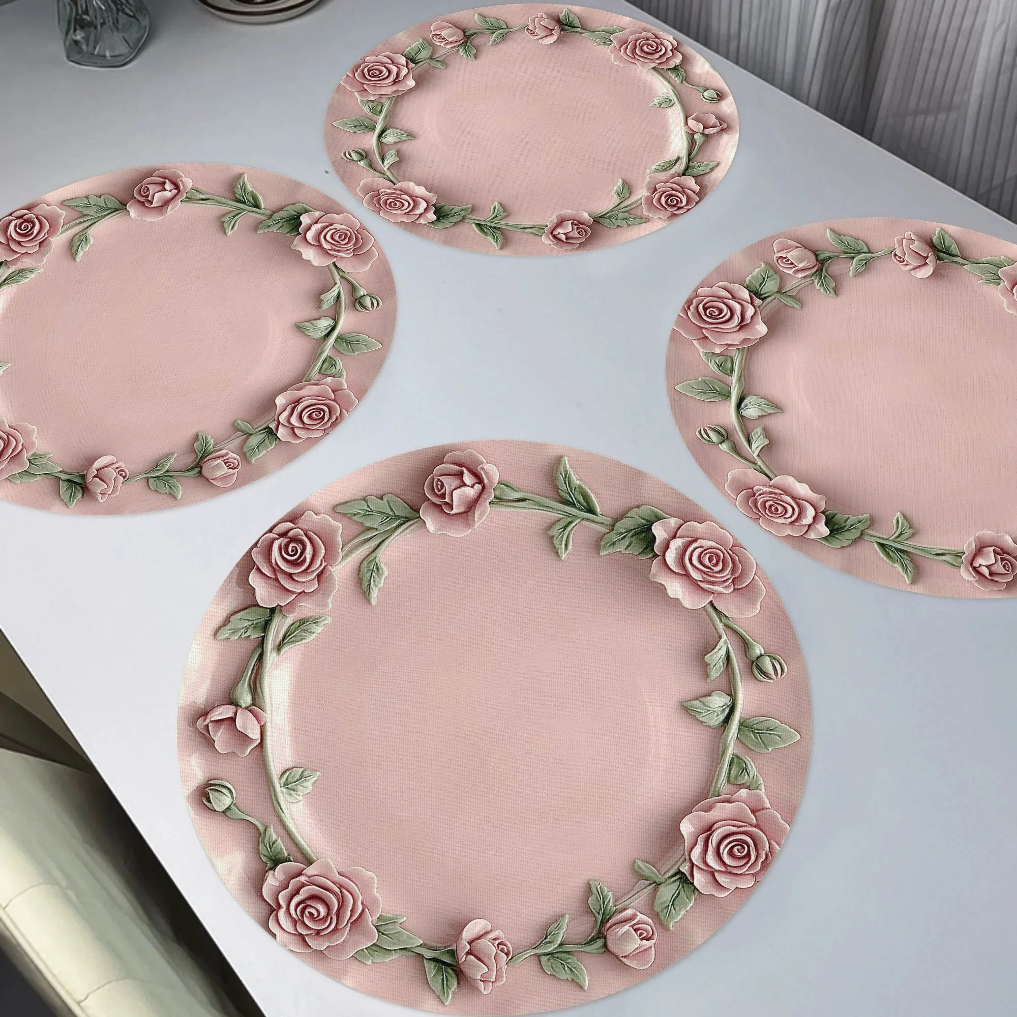 VIKAMA 4PC Pink Rose Blossom Meal Mat Round Anti scald Mat Home Dining Table Afternoon Tea Restaurant Decoration