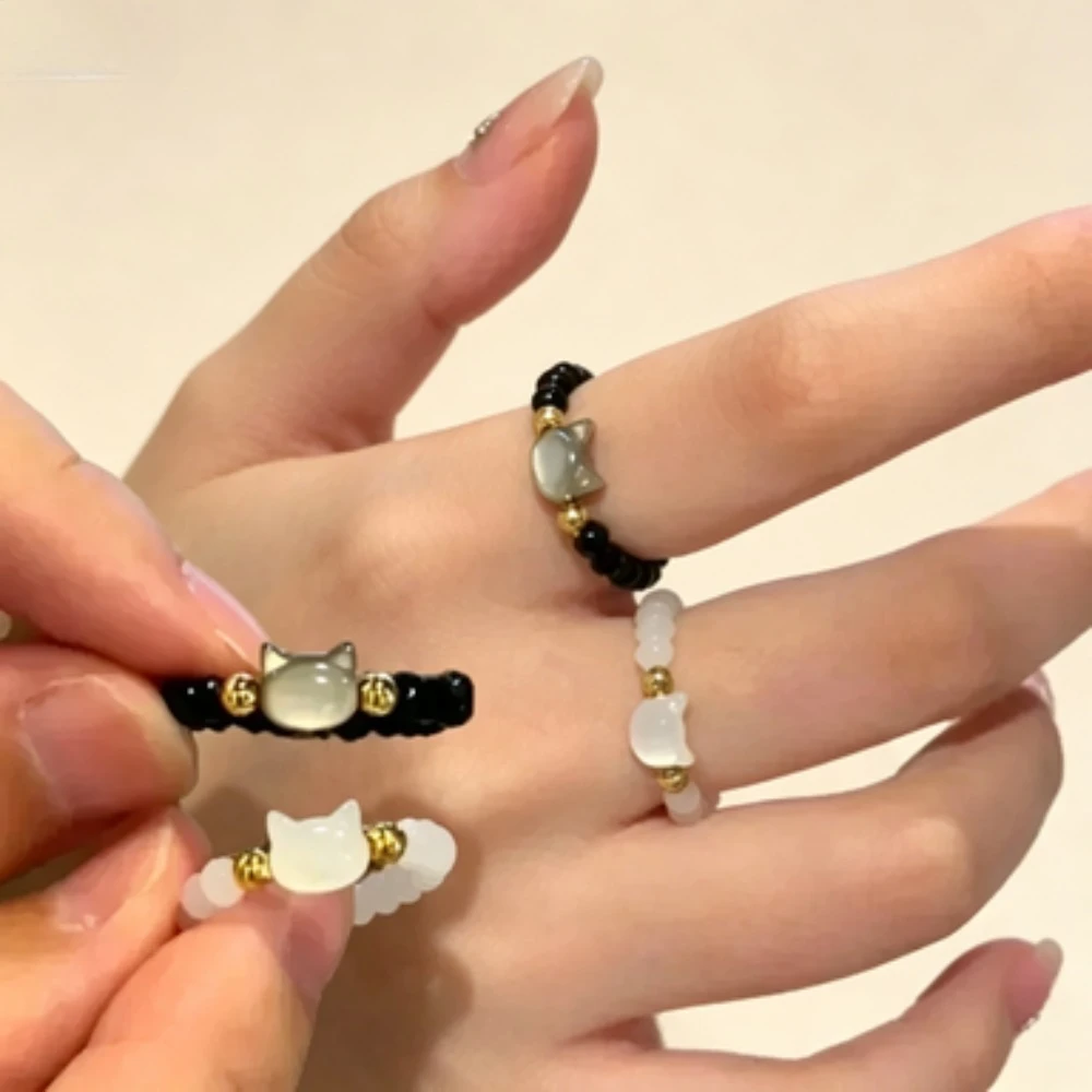 Natural Moonstone Obsidian Beads Fidget Ring Minimalist Cute Black White Cat Ring Stress Relief Jewelry for Women Men
