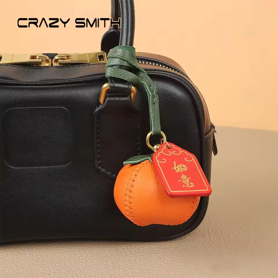 CRAZYSMITH Handmade Genuine Leather Bag Charm Persimmon Keychain Purse Charms Bag Pendant for Handbags Gift Bag Accessories