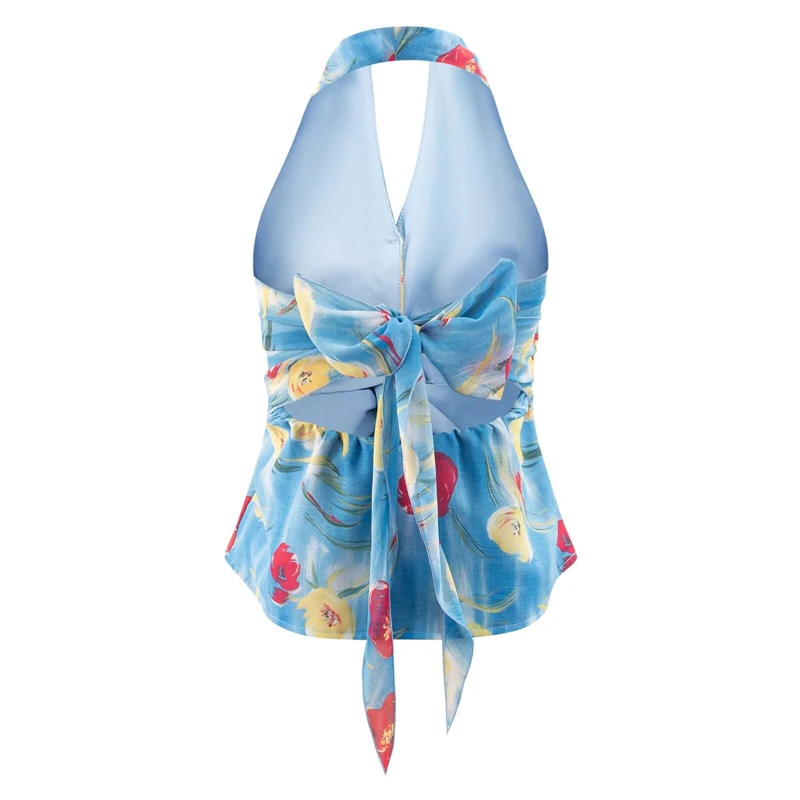 KEYANKETIAN 2026 Summer Romantic Vacation Slim Halter Top V-Neck Floral Print, Ruffle Trim  Back Tie Bow Detail Chiffon Vest